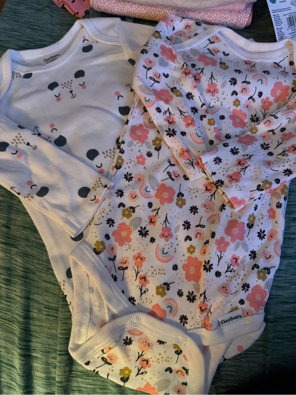 Gerber Floral & Panda Long-Sleeve Baby Onesies in White and Pink